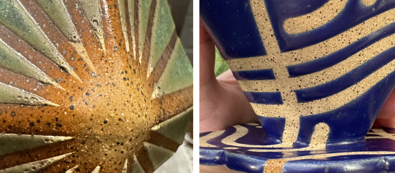 Some glazes bring out a lovely orange-toned flashing on Standard 112, while other glazes where it doesn't flash shows a duller speckled light brown where tape resist was applied.