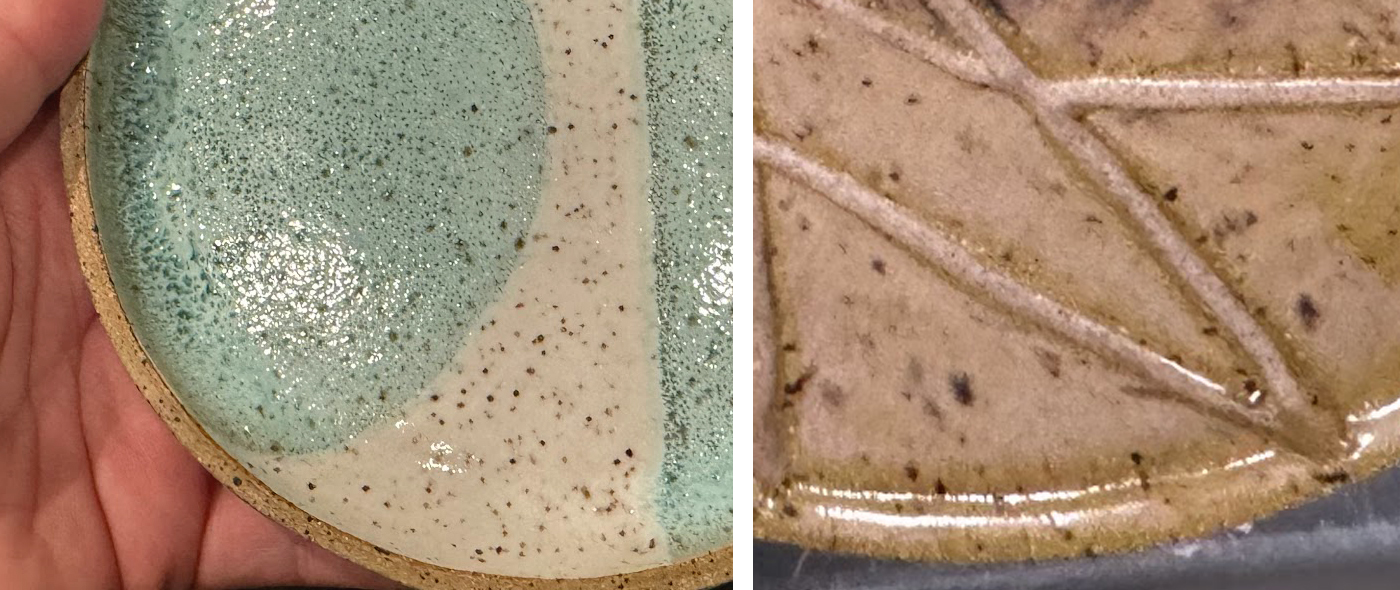 The speckles formed by the granular manganese in Standard 112 show through translucent glossy white and a glossy white layered over celadon on the left, and they also show through a light shino on the right. They are more circularly shaped in the flat plate, and they show more movement in the sloped shape of the interior of a coffee cone.