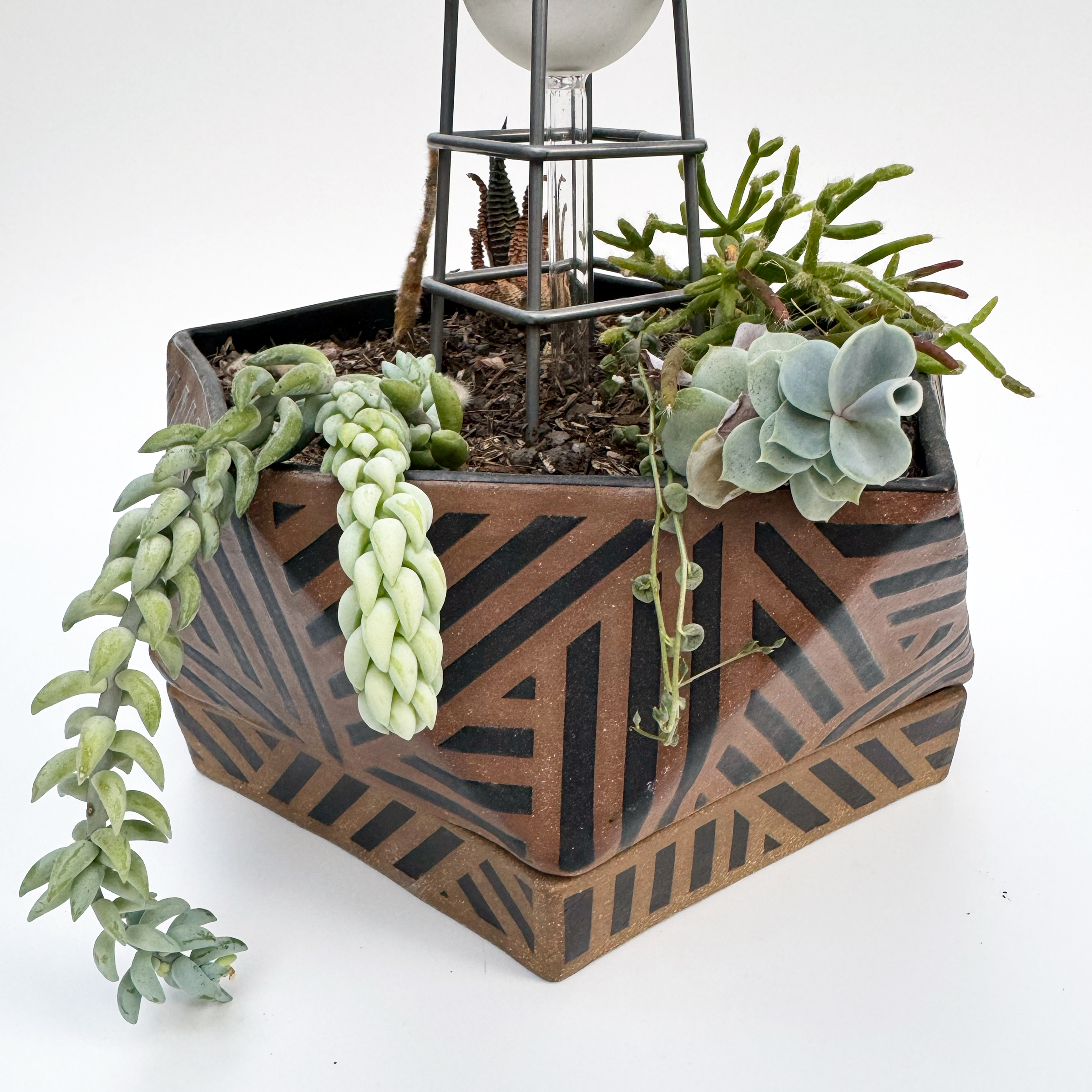 This medium brown planter takes a squat pentagonal antiprism form. There is a matching drip tray below that has a pentagonal base and short, straight sides.