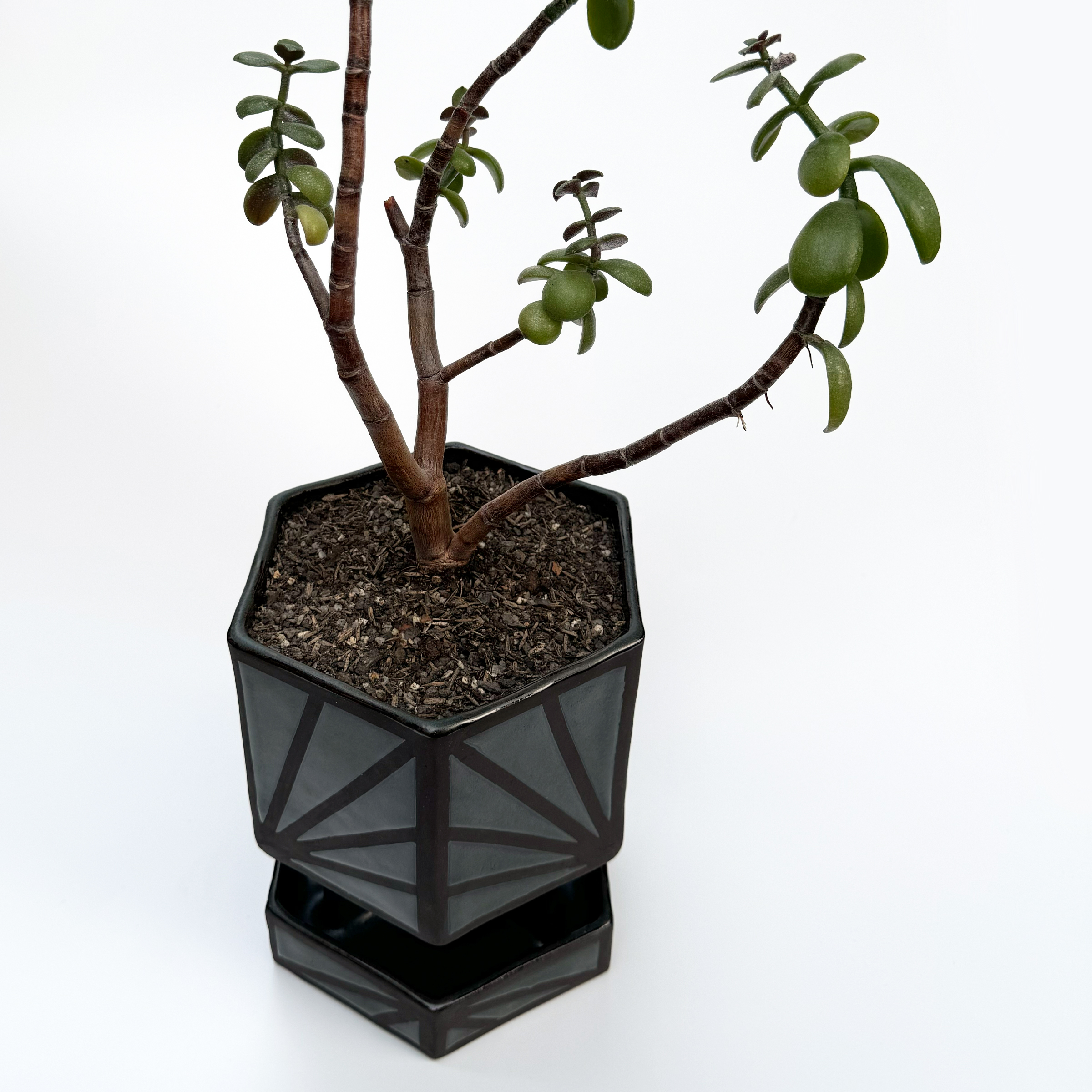 This black stoneware planter's main body has a hexagonal top opening and base with six straight sides.