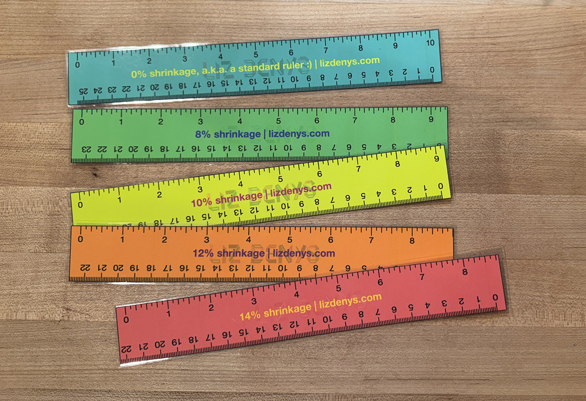 Printed and laminated shrinkage rulers: 8%, 10%, 12%, 14%, and 0% (standard ruler) shrinkages