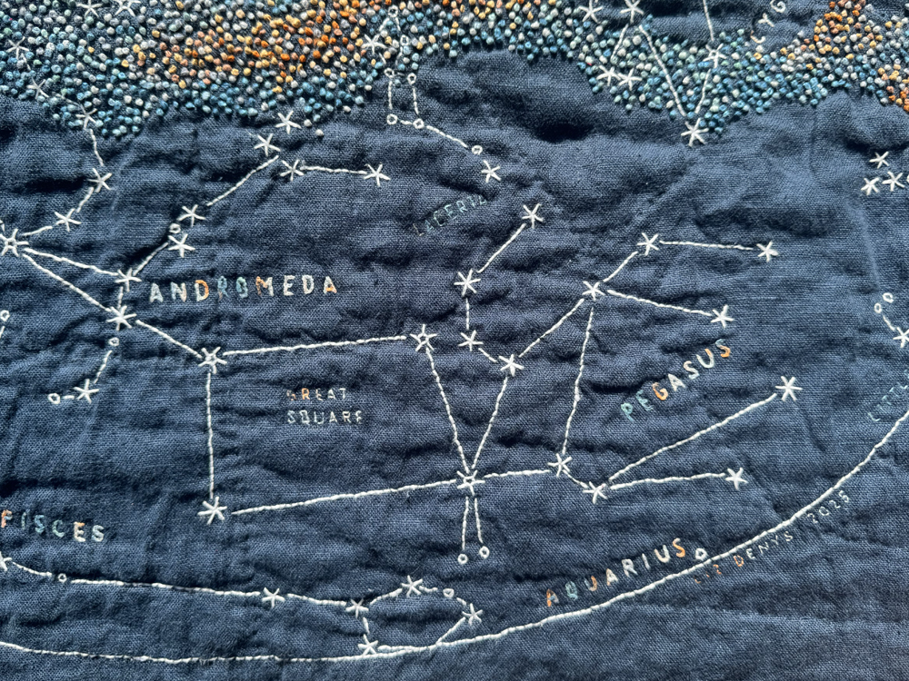 Detail of the section from Andromeda to Little Dog. My signature is in the same gradient as the constellation and star labels, just outside of the circle around the hemisphere.