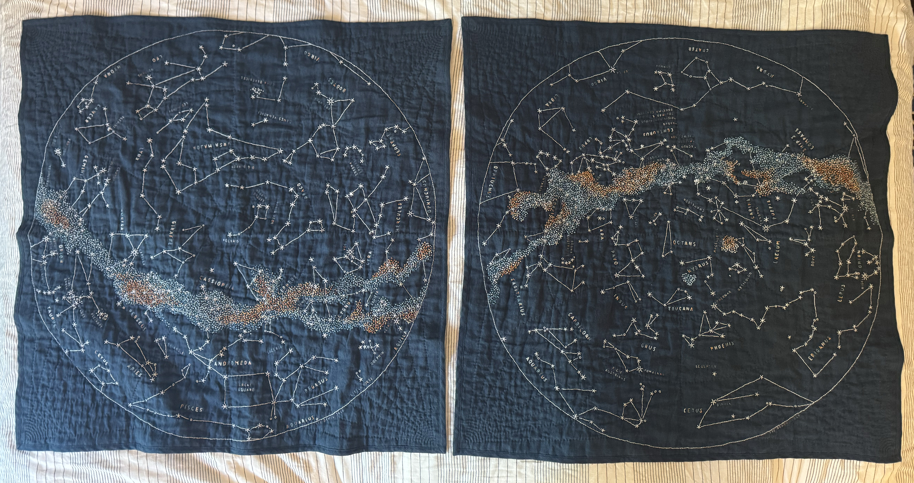 Both blankets laid out side by side on my bed. The Milky Way flows across them in a lovely swoop.