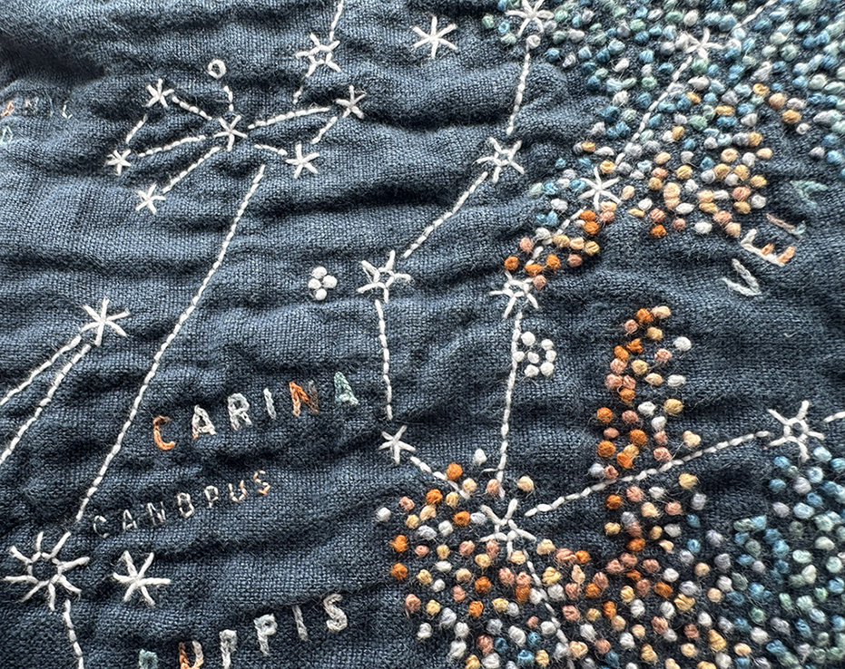 Close-up near the Constellations of Carina, Puppis, and Vela. Star clusters visible to the unaided eye are illustrated with clusters of French knots in white, and the Milky Way is composed of a dense cluster of French knots in coppers, blues, greens, and greys.