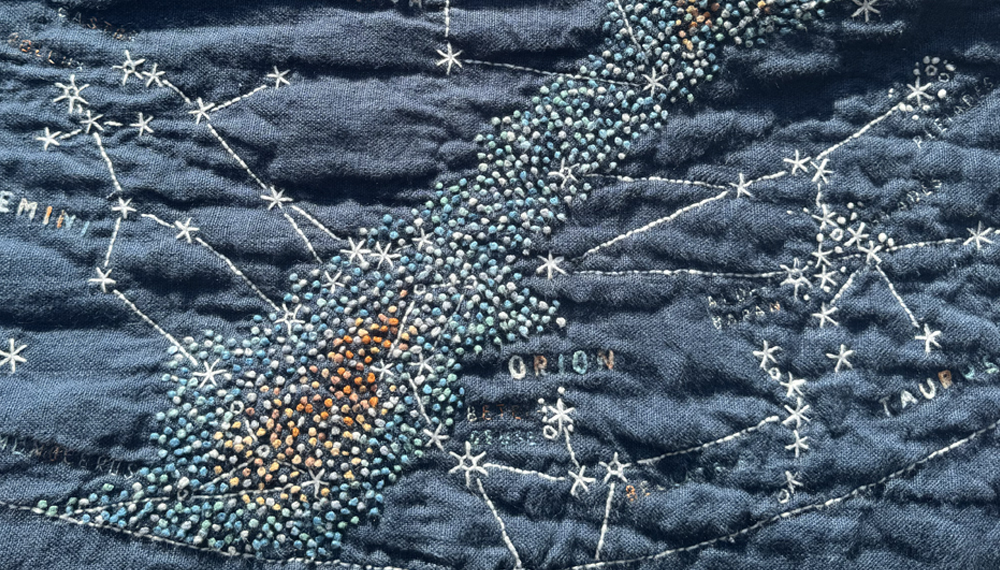 Close-up near the region of the Northern Sky of Gemini, Auriga, Monocerus, Orion, and Taurus. I labeled major stars, including Castor, Pollux, Betelgeuse, Bellatrix, and Aldebaran. I also labeled the star clusters of Hyades and Pleiades, which consist of French knots of various sizes and small stitches in white thread.