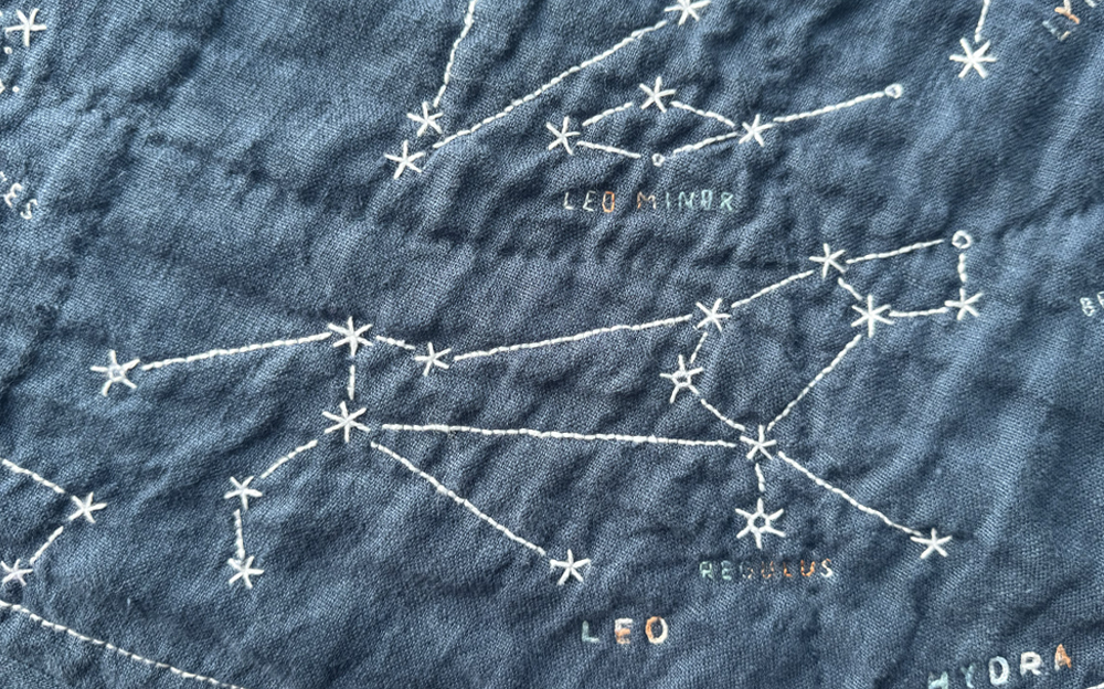 Close-up of Leo and Leo Minor constellations. The pattern uses H.A. Rey's alternative diagrams for many constellations, including Leo.