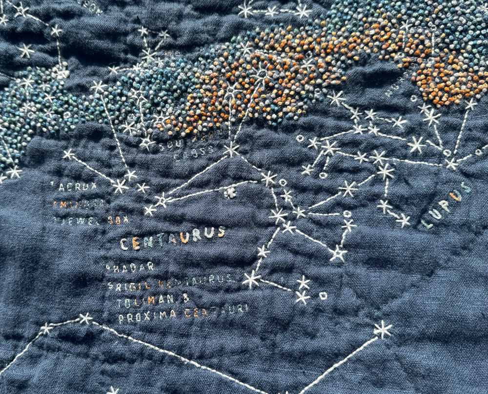Close-up near Musca, Crux, Centaurus, Lupus, and Norma. I labeled Crux as the Southern Cross since that's how my partner and I learned it as children. I couldn't fit the labels of major stars in this area since there are so many packed closely together, so I labeled them with numbers and made a legend for Acrux, Mimosa, the Jewel Box cluster, Hadar, and Rigil Kentaurus, Toliman, & Proxima Centuari.