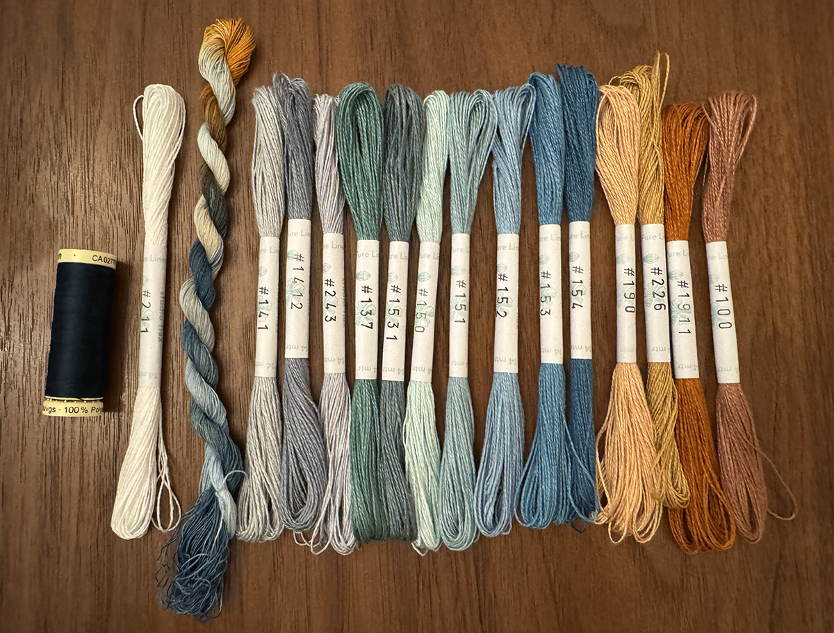 All the threads used in the constellation quilts, details above.
