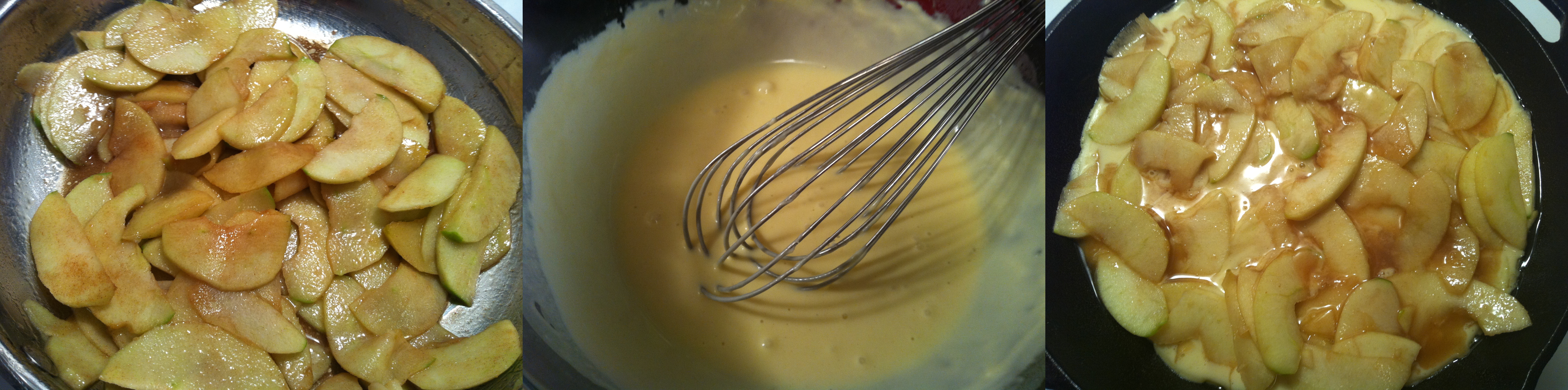 Apples sautéing, pancake batter, assembled pancake before baking