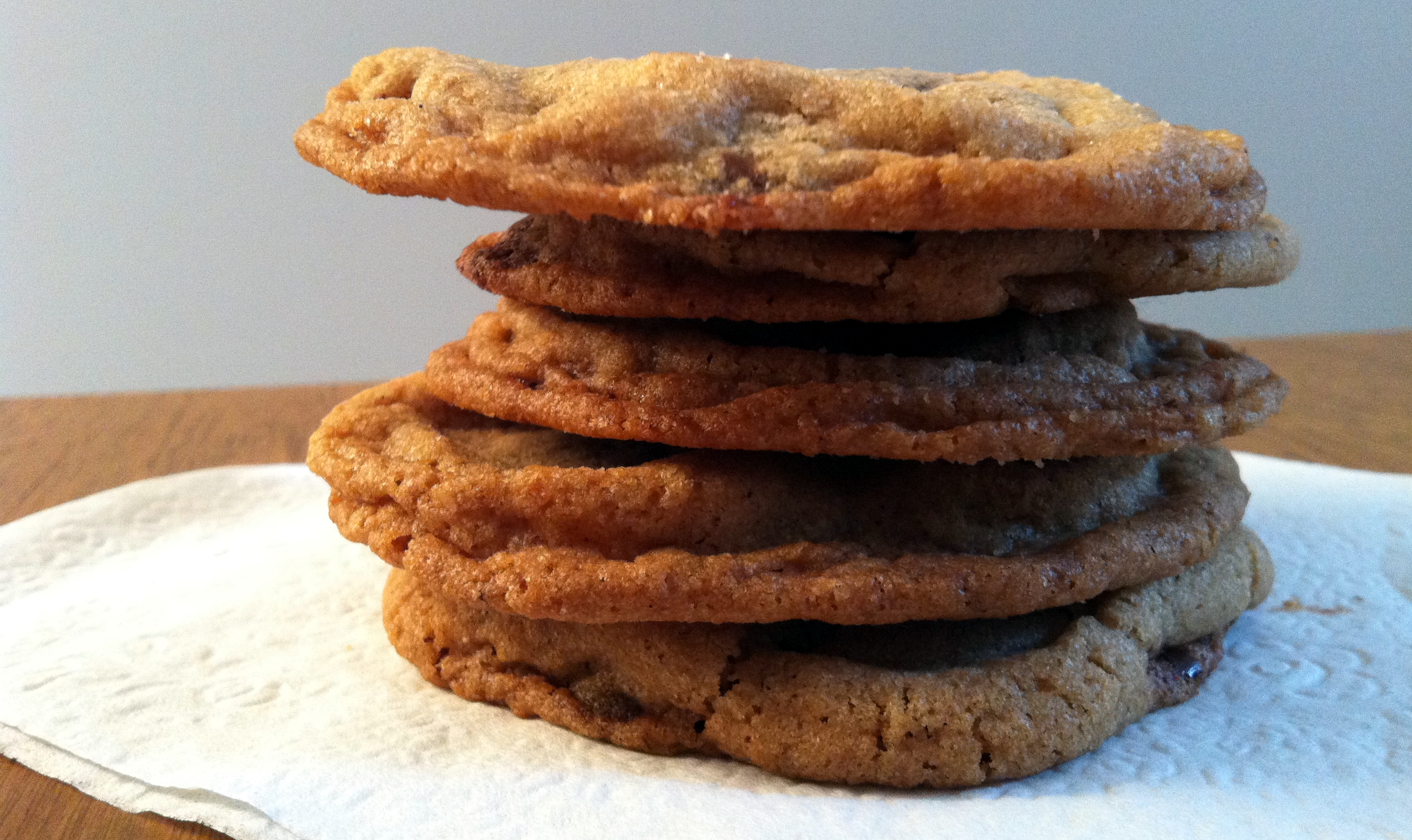 Stack of crispy chocolate chip cookies
