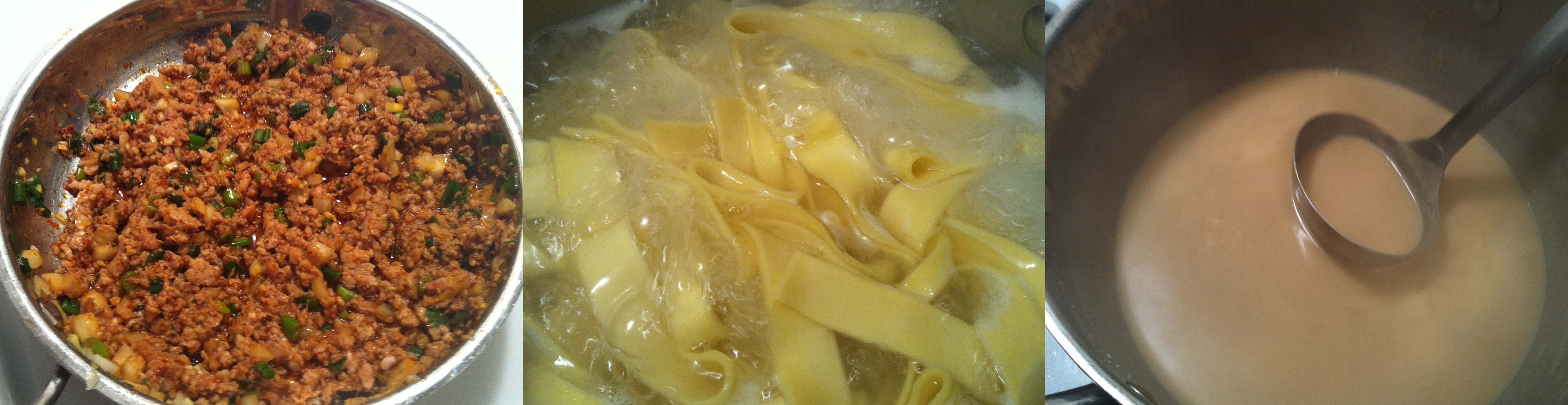 Spicy ground pork, pappardelle egg noodles, peanut broth