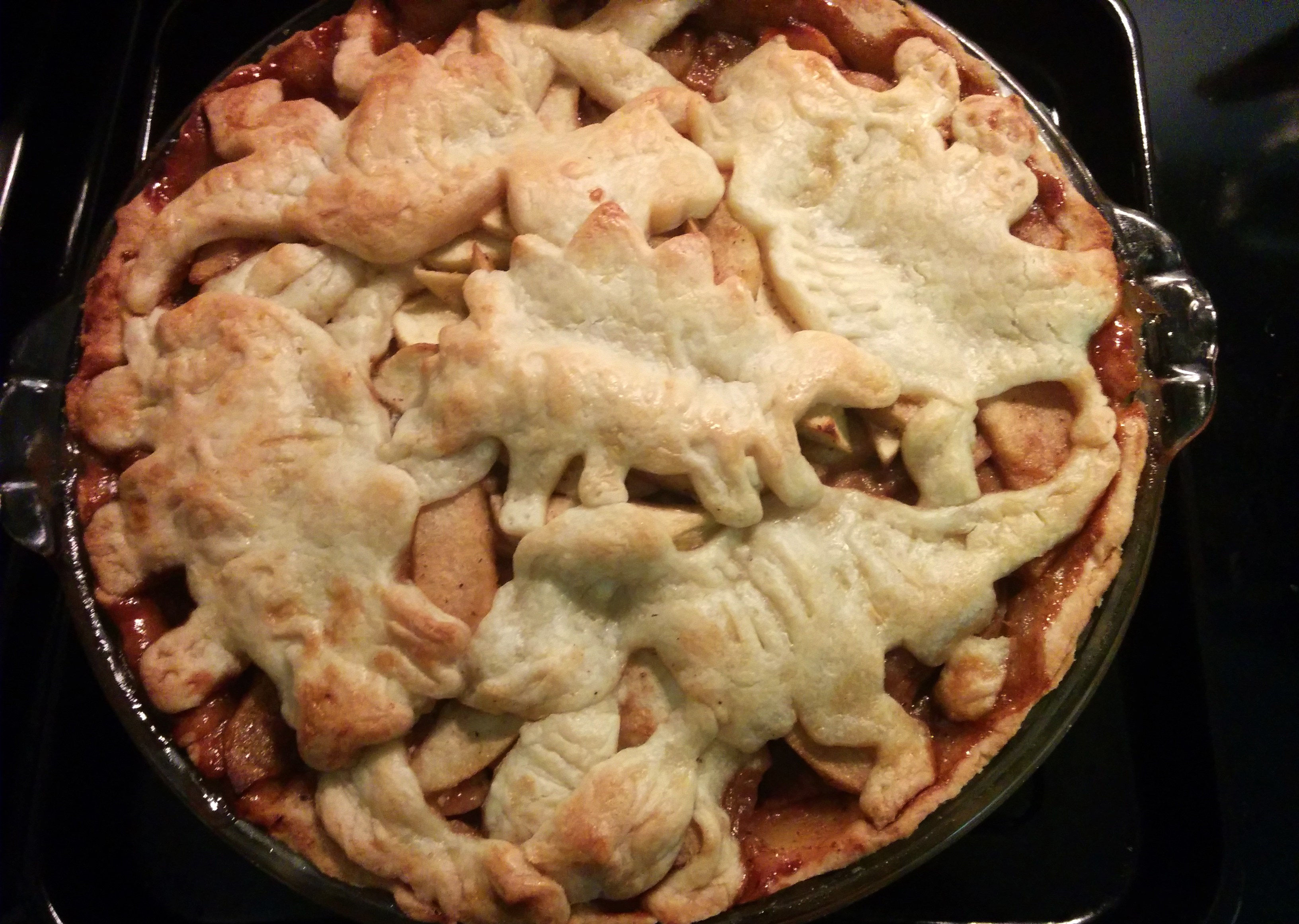 Finished dinosaur birthday pie for a very special birthday boy!