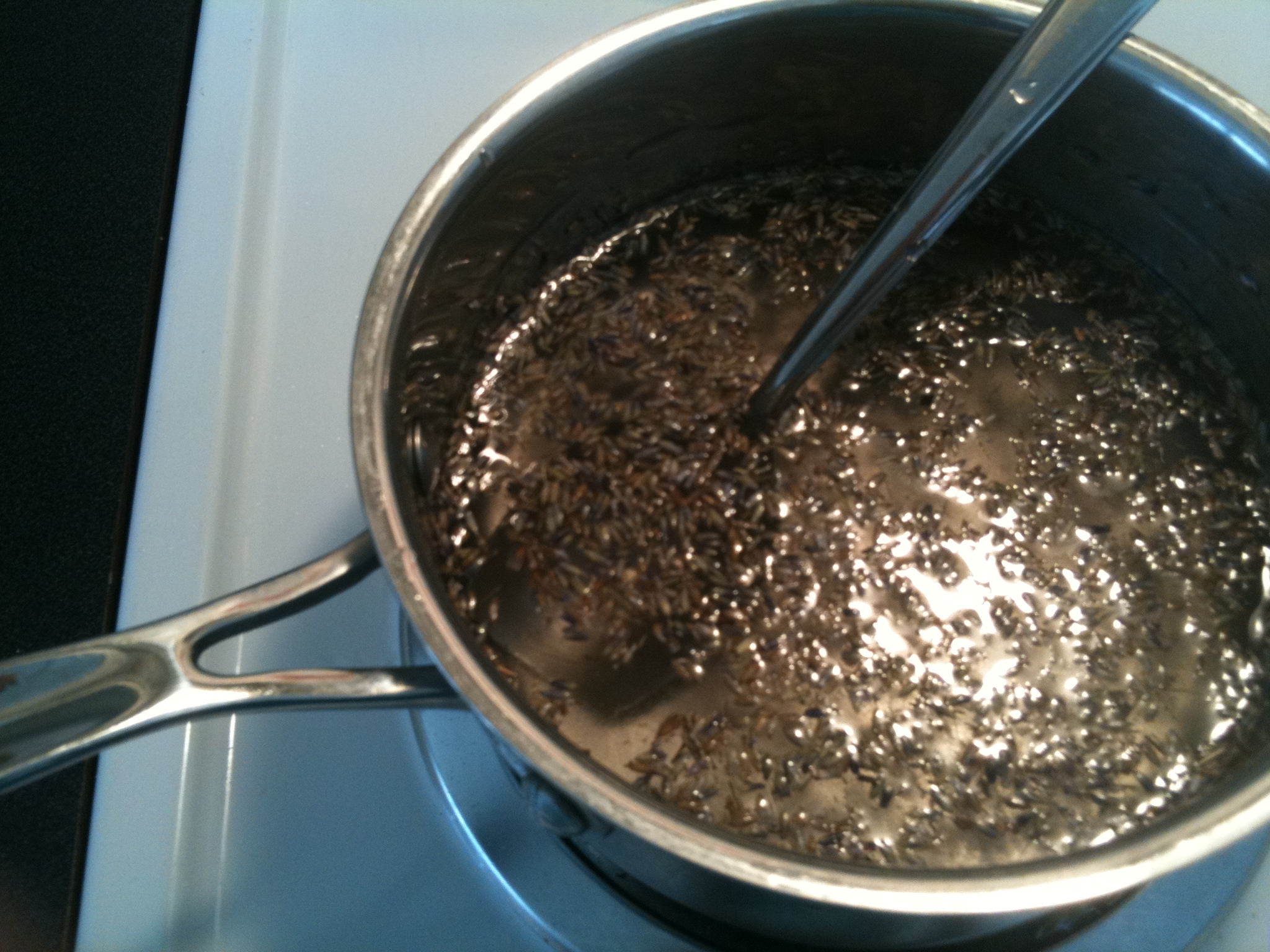 Lavender sugar syrup on the stove