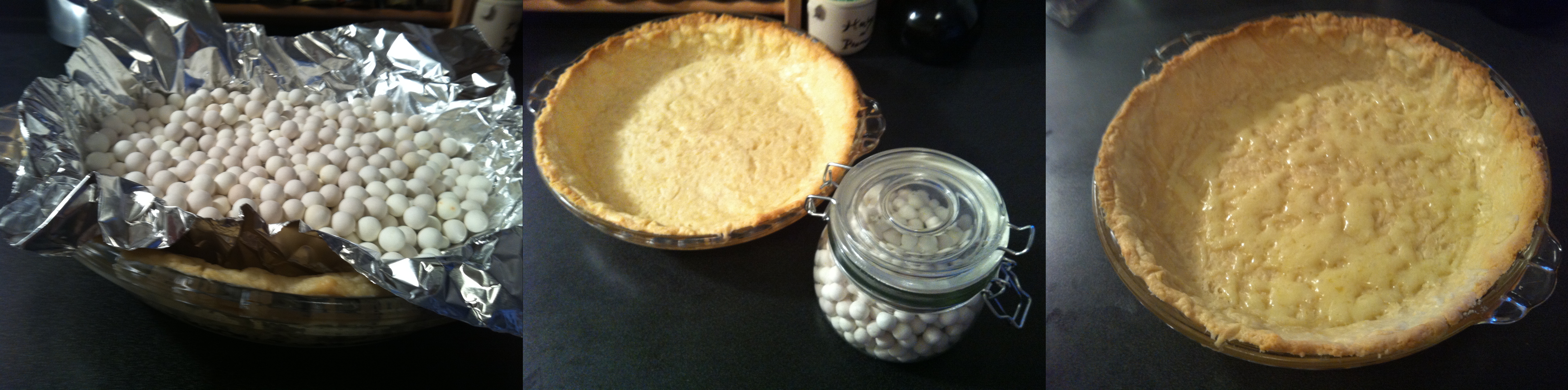 Blind baking the crust; blind-baked crust and pie beads; after blind baking with cheese