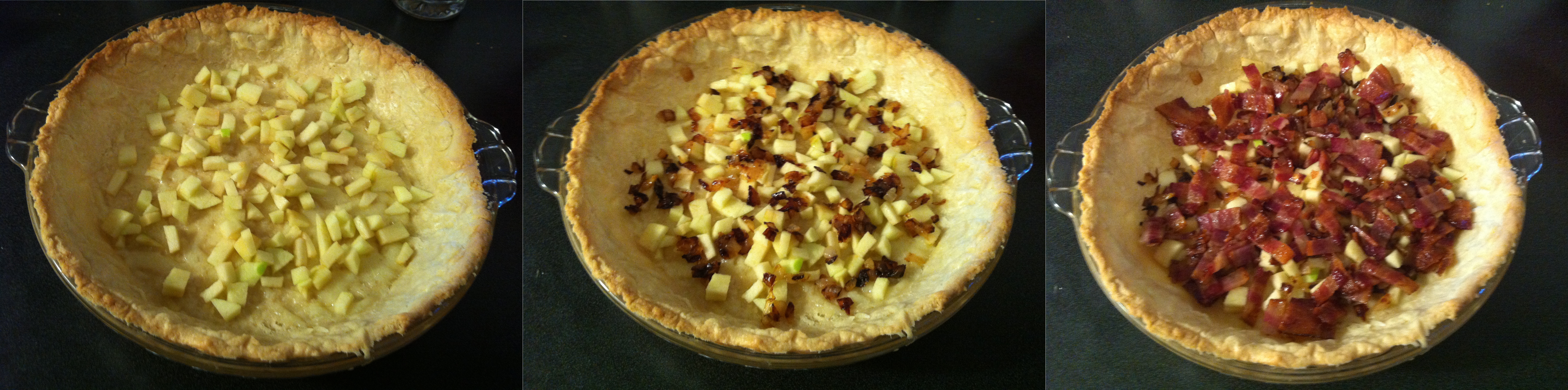 Filling the quiche with apples; caramelized onions; bacon