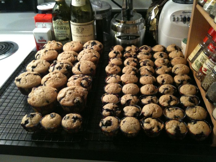 Double batch of white whole wheat blueberry muffins