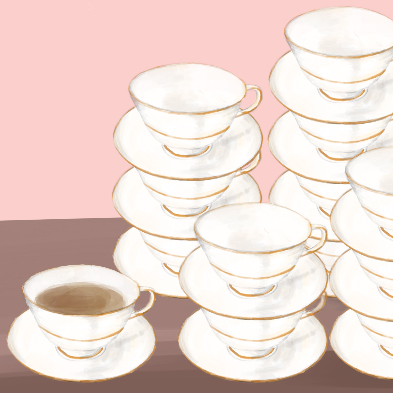 A teacup full of tea near stacks of identical teacups