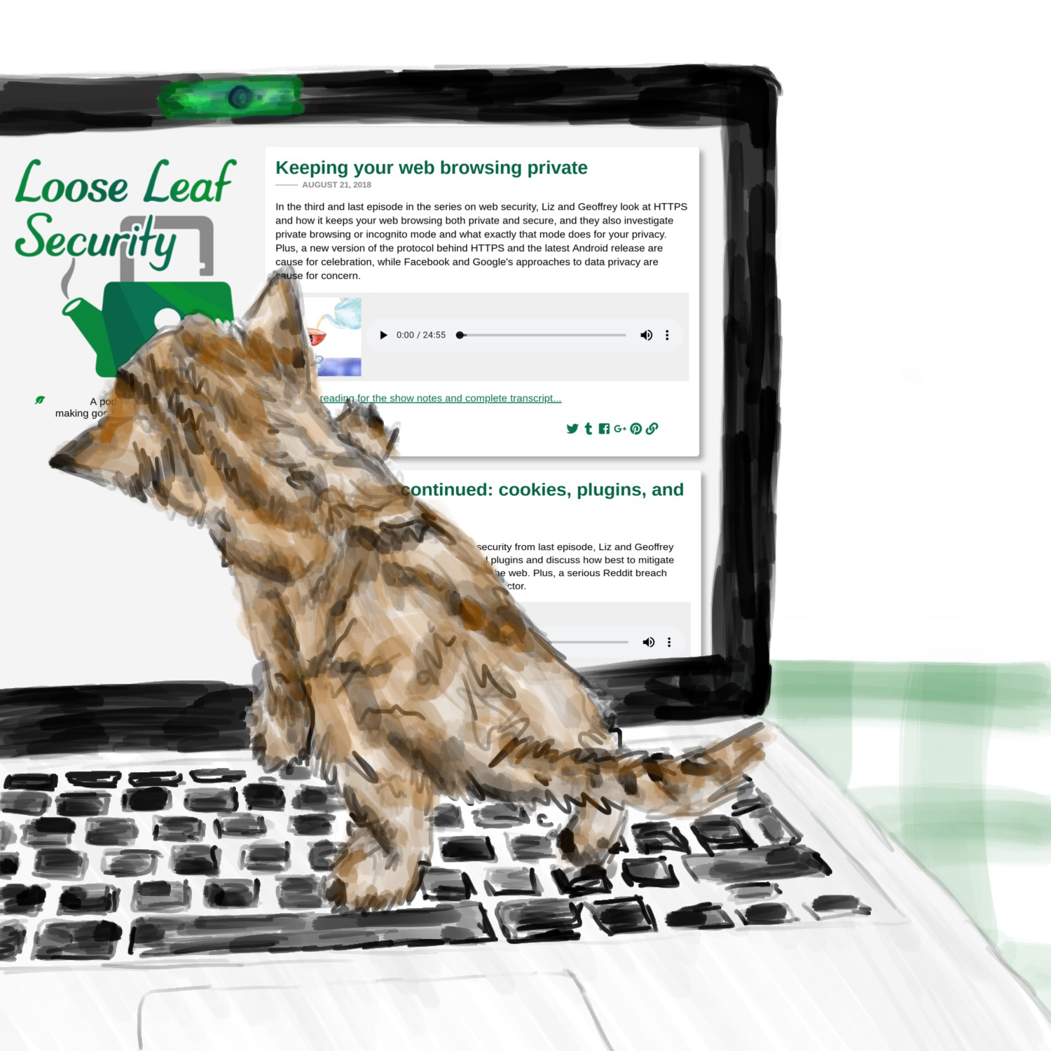 A striped kitten walking on a laptop keyboard, the laptop has tape over the webcam and Loose Leaf Security's homepage on the screen