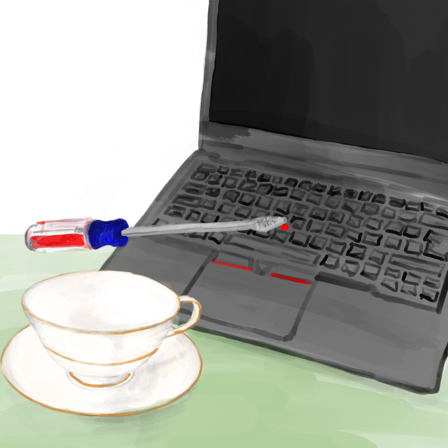 A laptop, a screwdriver, and a teacup