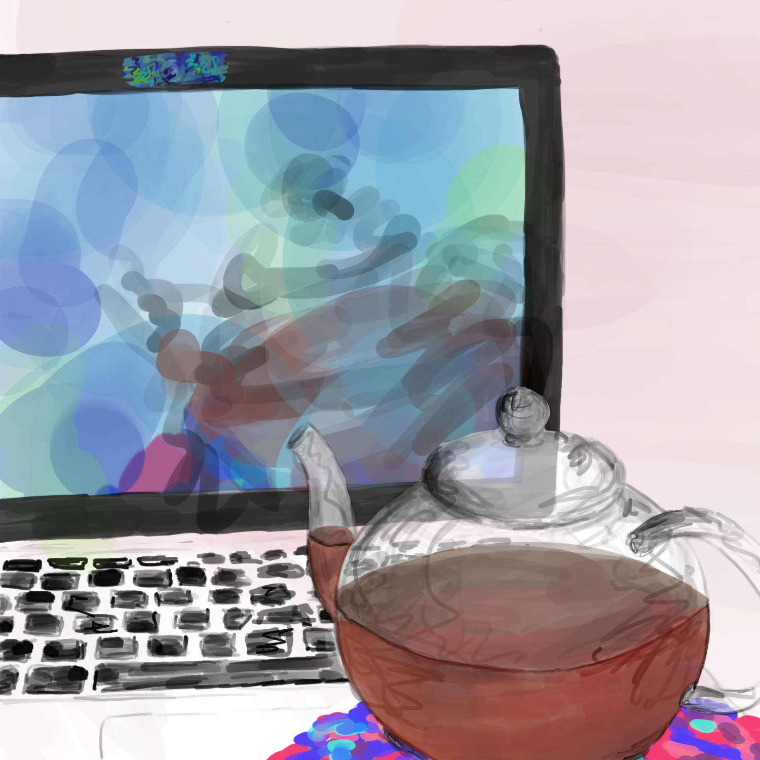 A teapot by a laptop with its webcam on, but the image of the teapot is relatively obscured on the screen because the webcam is covered by a piece of translucent tape