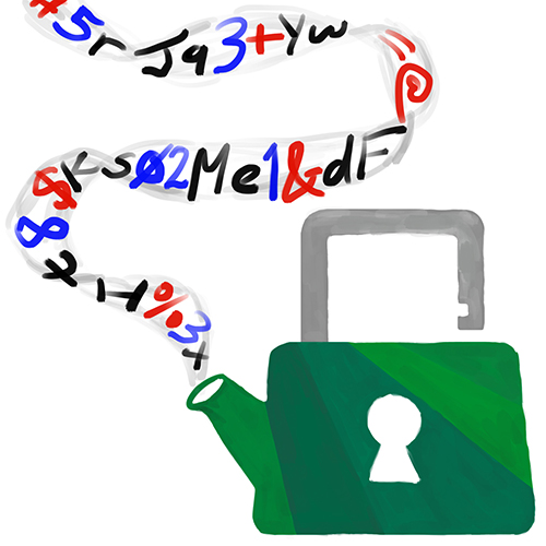 A password made up of letters, numbers, and symbols written in the steam of a green lock-inspired teapot