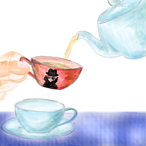 A red teacup with a man-in-the-middle design on it intercepts tea pouring from a teapot into a teacup placed on the table