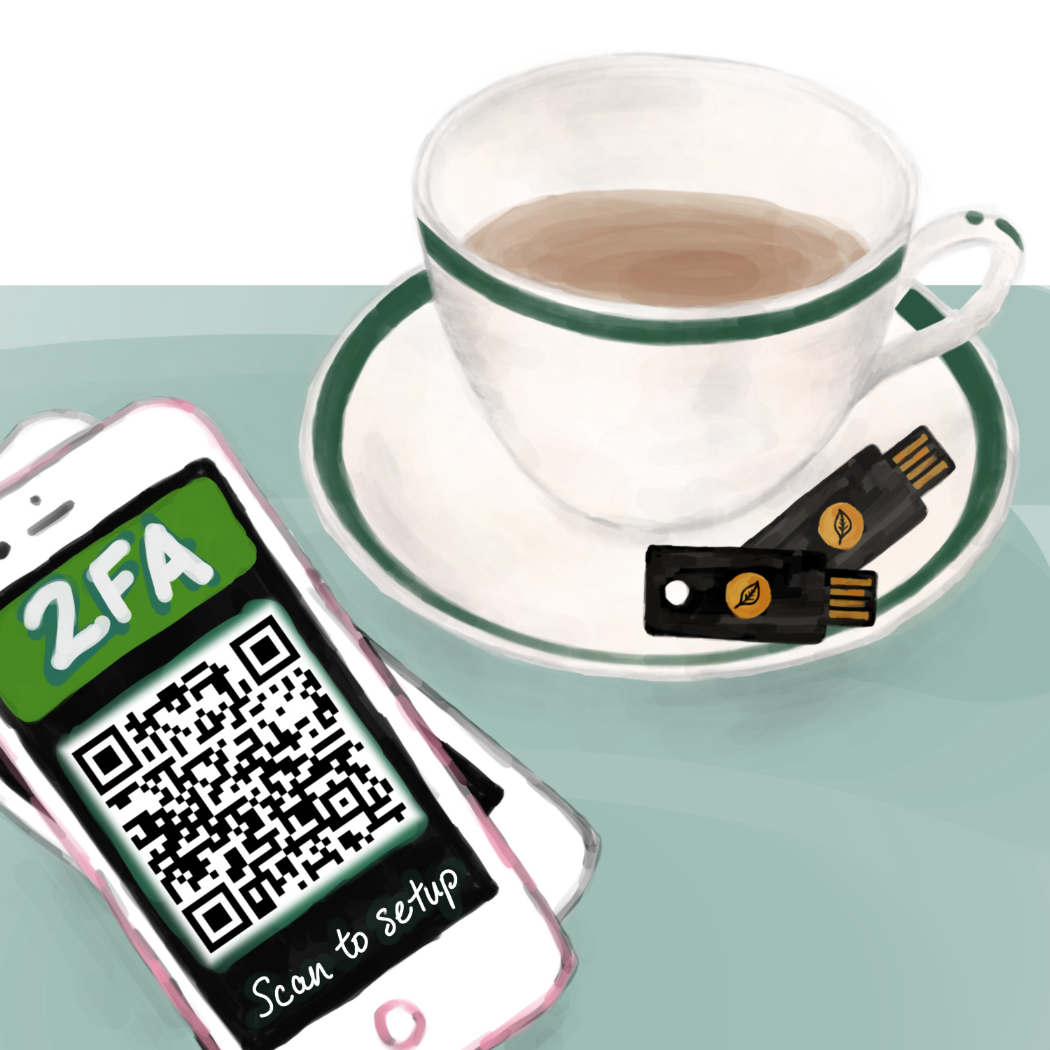 A teacup with two security keys on the saucer and a stack of two-phones, the top phone showing a QR code for setting up two-factor authentication