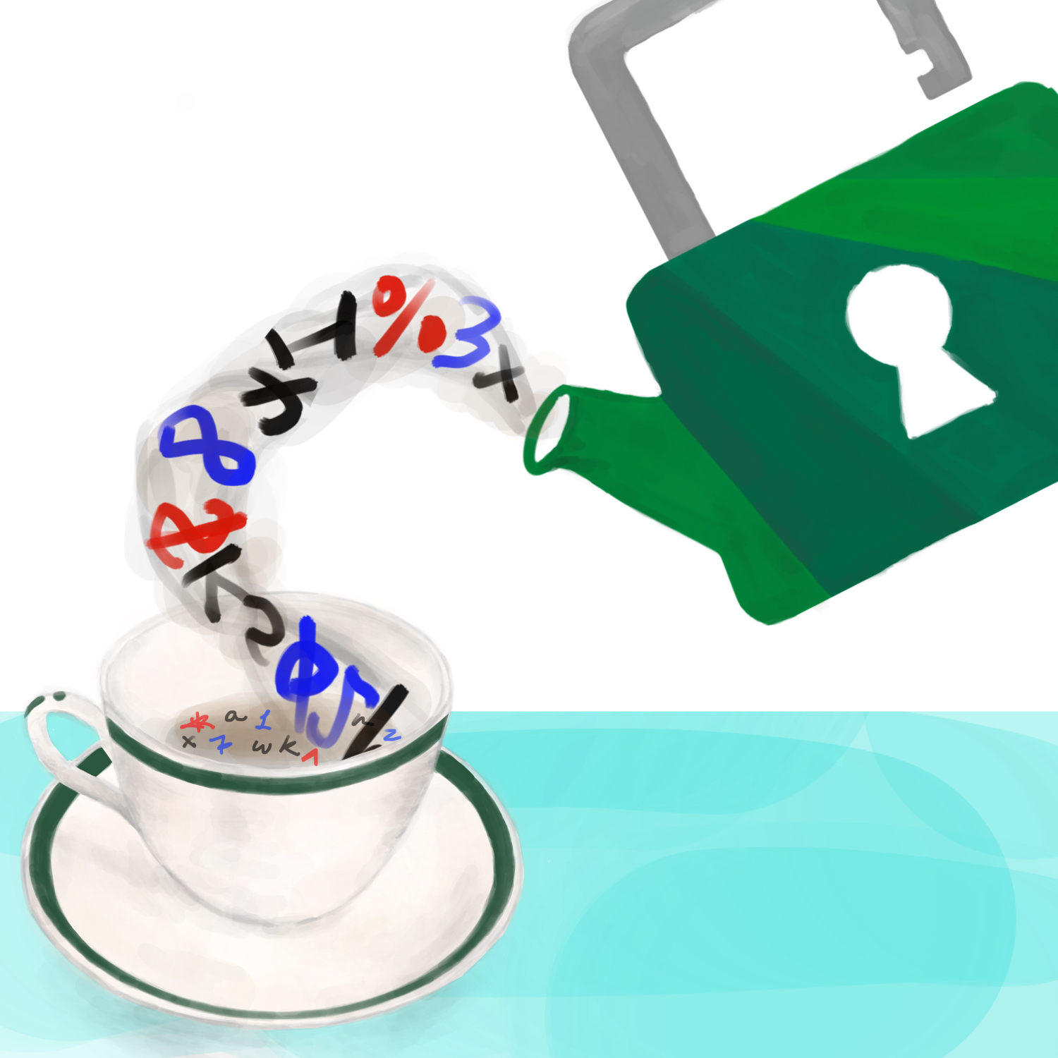 A Loose Leaf Security logo teapot pouring a strong password string into a teacup