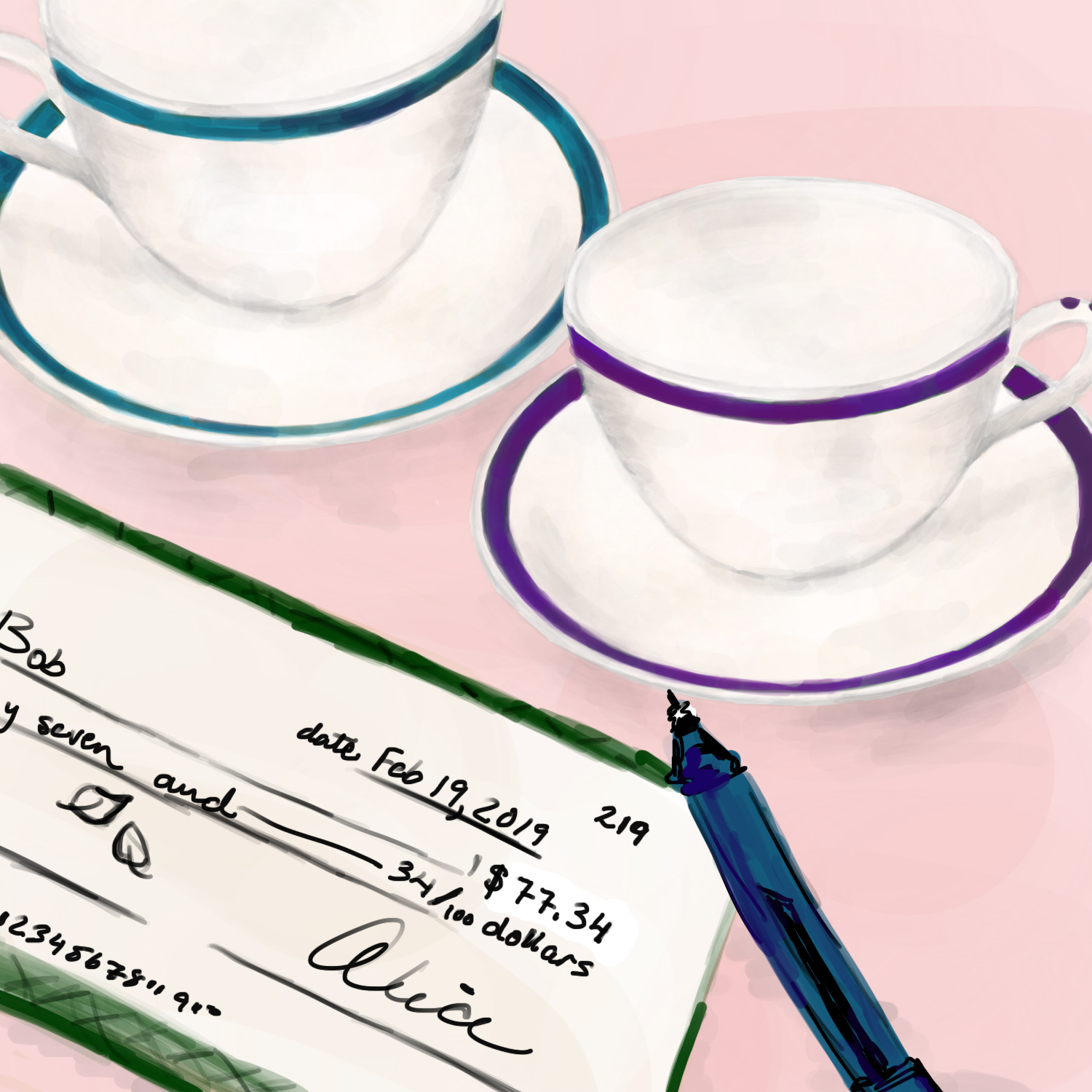 Two teacups near a check that has just been filled out