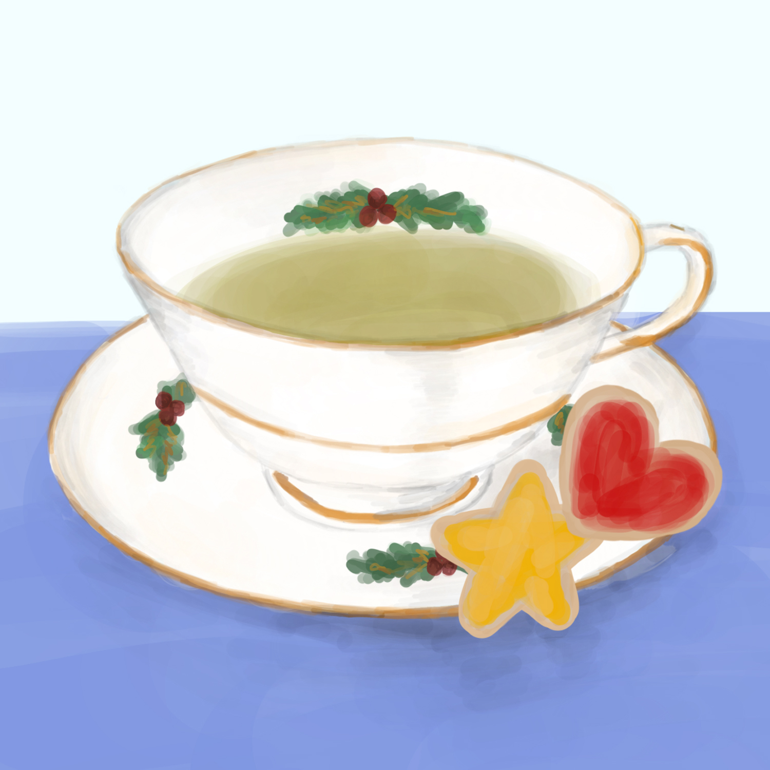 A holiday teacup with green tea in it with star and heart frosted sugar cookies resting on the saucer