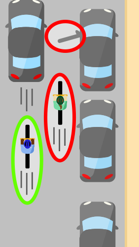If someone bikes too close to parked cars, someone opening one of those parked car doors could hit them. A bicyclist keeping at least a car door width of distance from parked cars is positioning themself more safely.