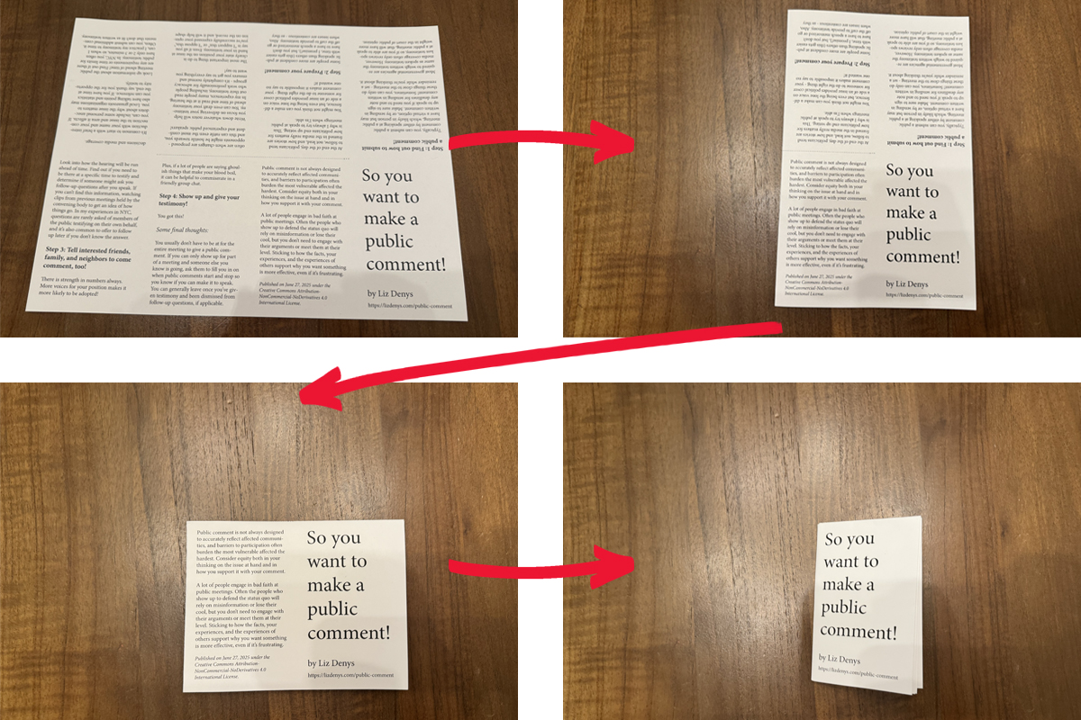 Printed mini-zine, then the printed zine folded in half, then in half again, and then in half again.