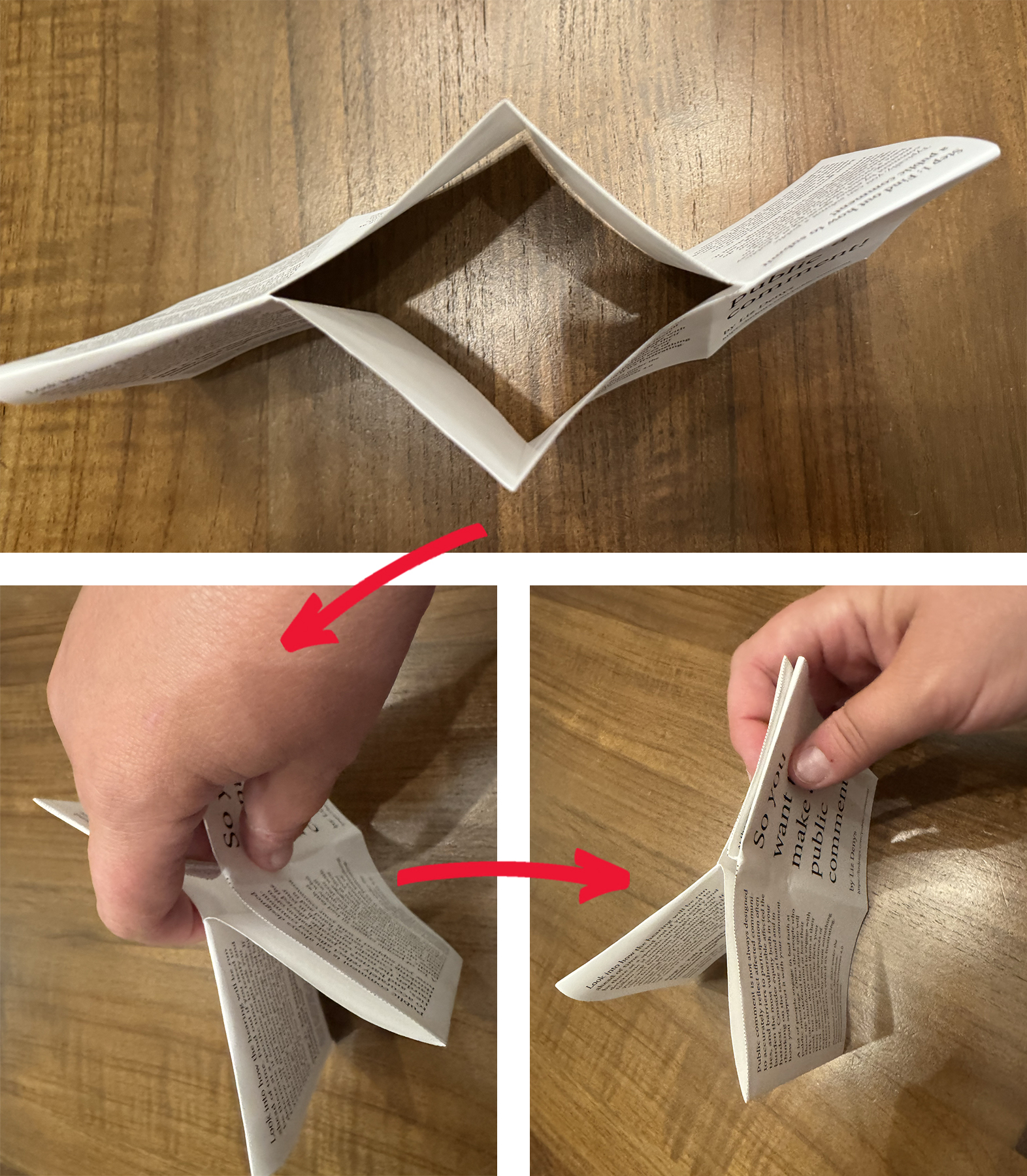 Folding in half with the long ends touching and then pushing in from the short ends allows the slit to open up into a diamond. Continuing to push those short ends in to close the space in the slit makes the booklet form appear. Once the booklet form appears, ensure the cover is on the outside and crease to secure the pages in the right order.
