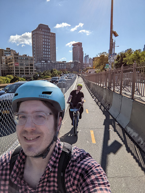 My partner, Matt, and I riding towards Manhattan in the new Brooklyn Bridge two-way-bike path