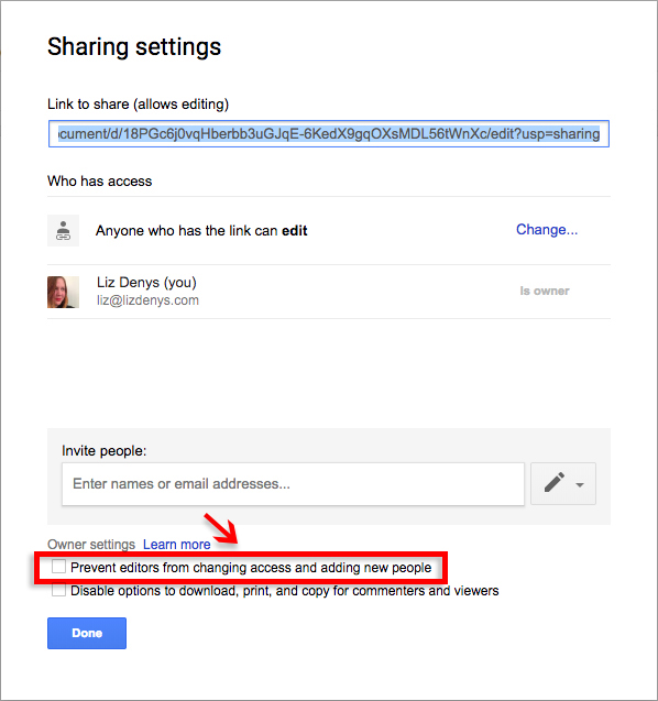 A picture of the Google Docs sharing settings dialog after you've clicked to see the Advanced settings; the unchecked by default option to "Prevent editors from changing access and adding new people" is highlighted with a red arrow and box