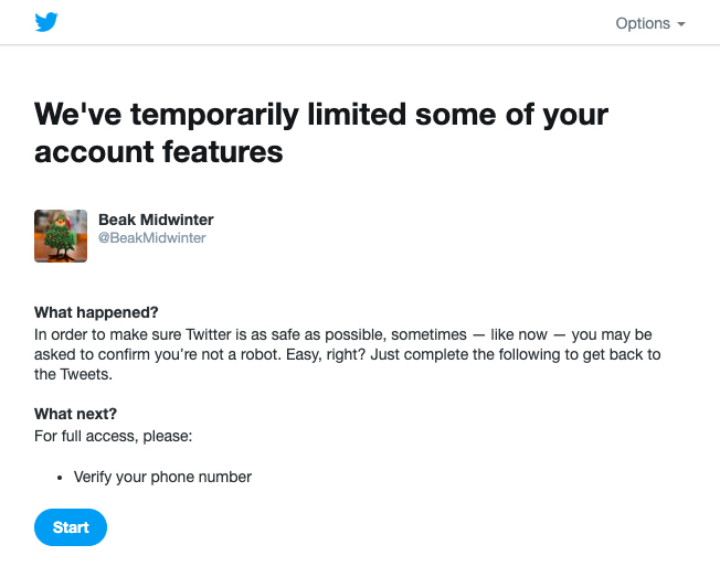A screenshot of Twitter's We've temporarily limited some of your account features screen after a successful login page