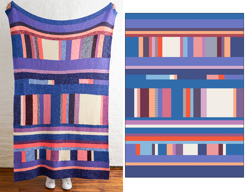 Side by side view of the Library Blanket and my rendering in the original color scheme given in the pattern