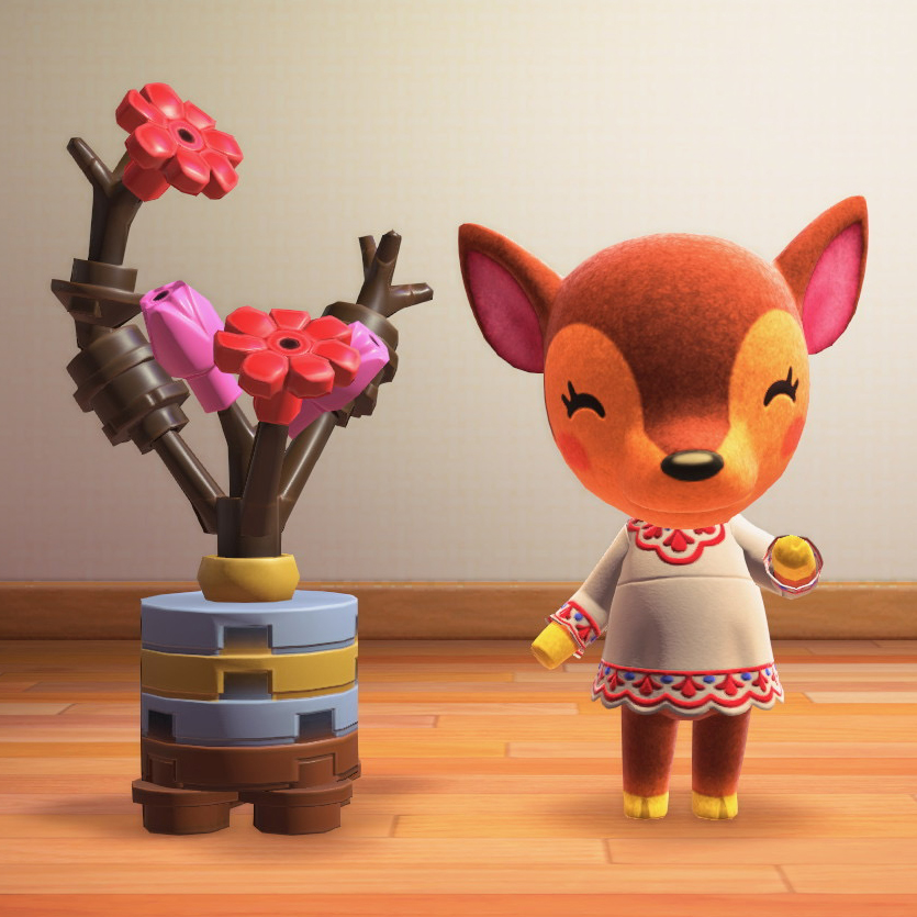 The in-game LEGO Plum Blossom item next to my favorite villager, Fauna