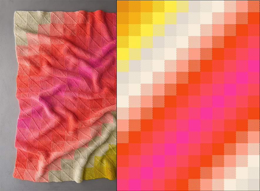 Side by side view of the Mitered Corner Blanket and my rendering in the Dawn color palette