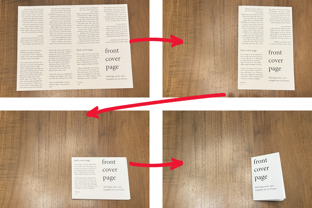 Printed mini-zine, then the printed zine folded in half, then in half again, and then in half again.