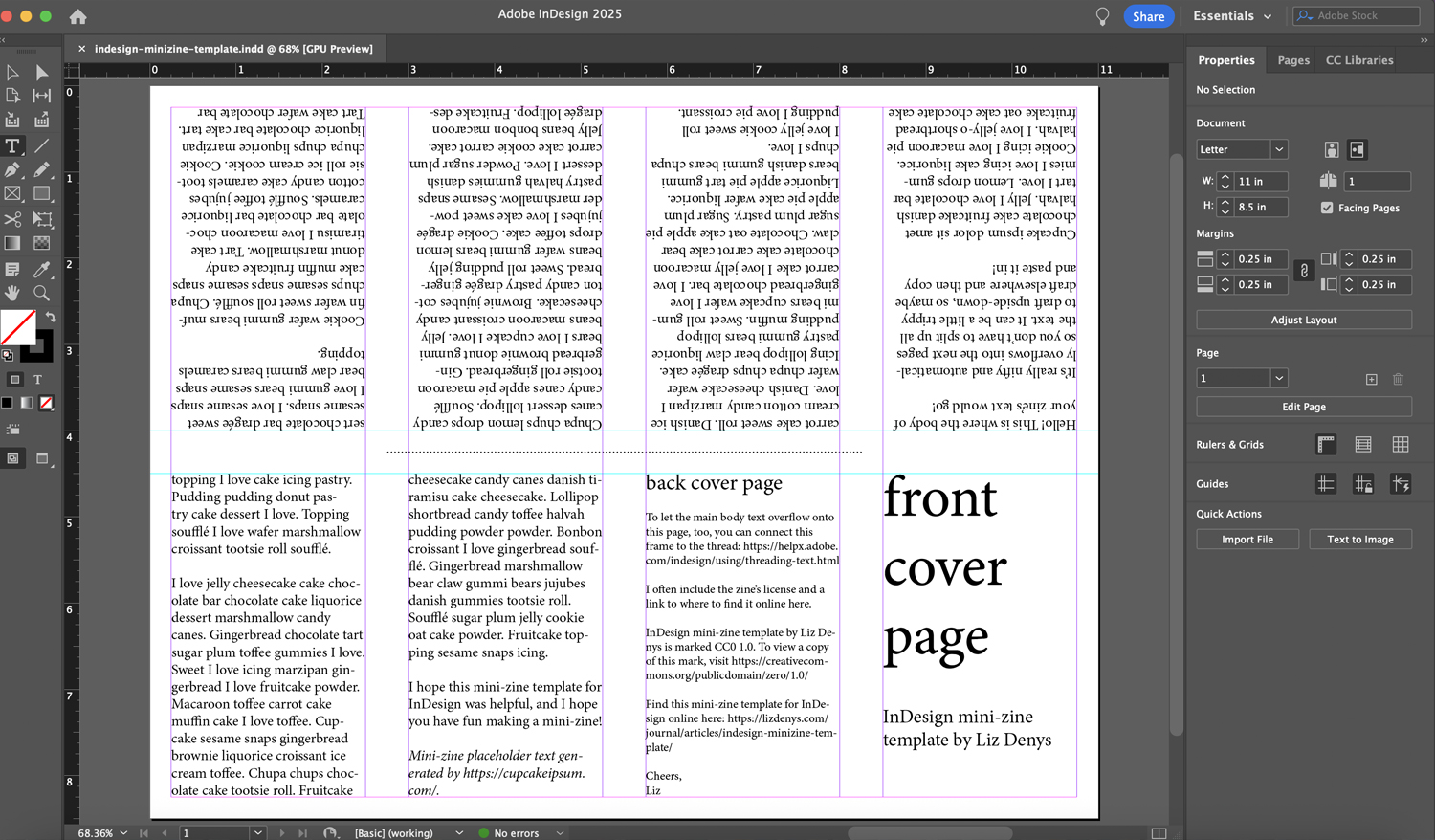 Screenshot of my mini-zine template in InDesign